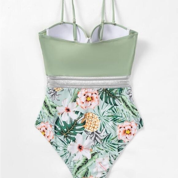 Tropical & Pineapple Print Green Peach One Piece Swimsuit - Picture 14 of 15